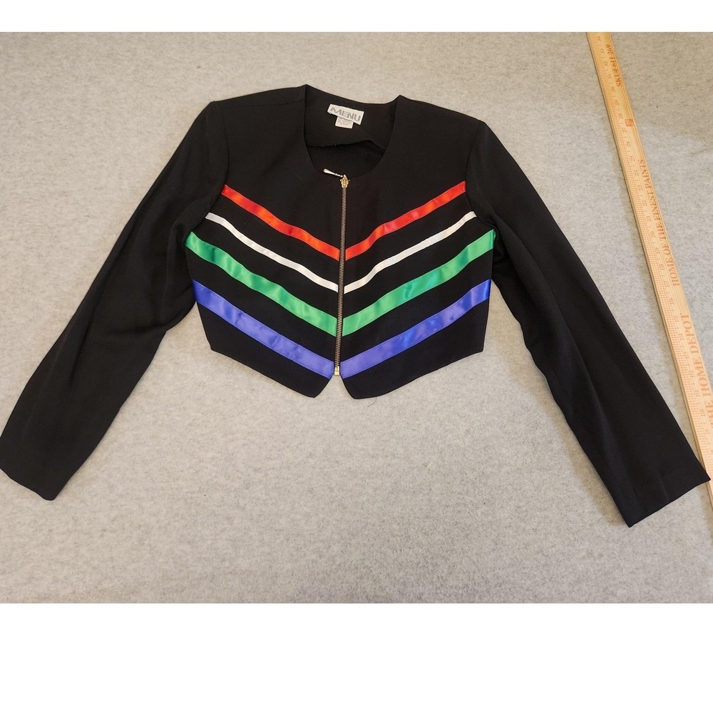 Vintage MENU Jacket Womens 8 Black Cropped Chevron‎ Stripes Zip Front Made USA